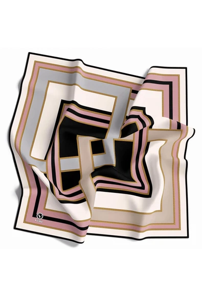 Twill Çerçeve Desenli Gri - Pudra Renkli 90x90 Eşarp (İpek İçermez) Kenar Dikiş Şekli El Dikişli ürün görseli
