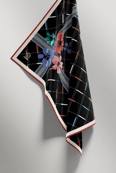 Twill Papatya Desenli Pudra Renkli 90x90 Eşarp (İpek İçermez) Kenar Dikiş Şekli El Dikişli - Resim 5