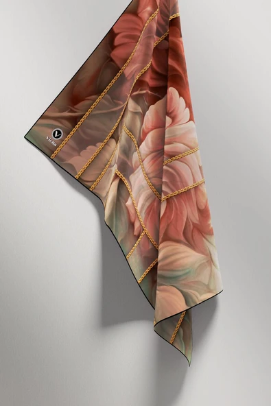 Twill Gül Desenli Somon - Mint Yeşili Renkli 90x90 Eşarp (İpek İçermez) Kenar Dikiş Şekli El Dikişli - Resim 4