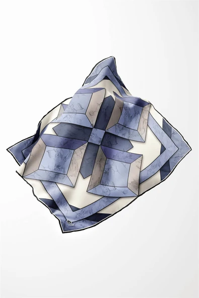 Twill Mermer Desenli İndigo - Lacivert Renkli 90x90 Eşarp (İpek İçermez) Kenar Dikiş Şekli El Dikişli - Resim 4