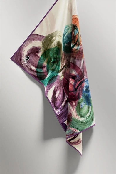 Twill Fırça Efektli Desenli Lila Renkli 90x90 Eşarp (İpek İçermez) Kenar Dikiş Şekli El Dikişli - Resim 5
