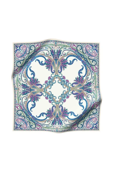 %100 Twill İpek Şal Desenli Krem - Saks Renkli 90x90 Eşarp Dikim Şekli : El Dikişi - Resim 2