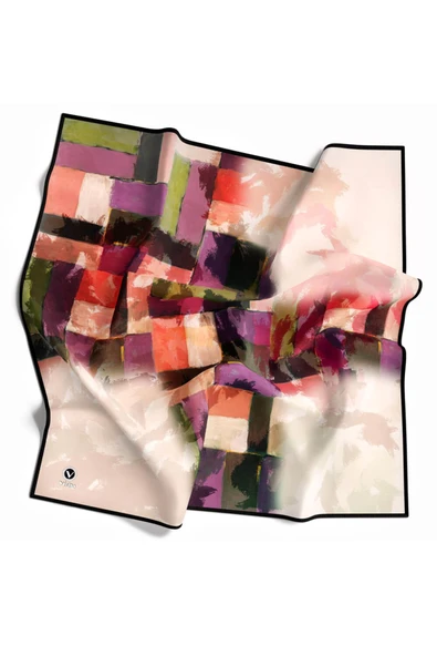 Twill Yağlı Boya Desenli Mor Renkli 90x90 Eşarp (İpek İçermez) Kenar Dikiş Şekli El Dikişli - Resim 2