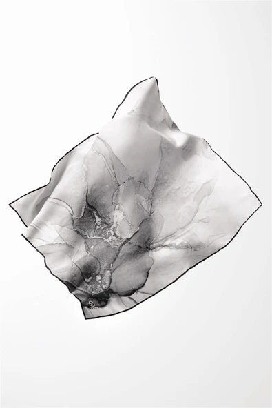 Twill Batik Desenli Gri Renkli 90x90 Eşarp (İpek İçermez) Kenar Dikiş Şekli El Dikişli - Resim 3