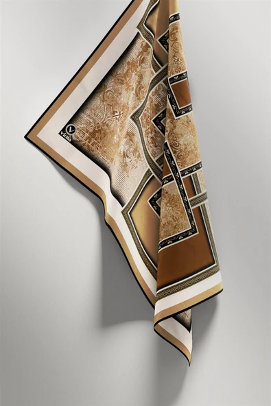 Twill Geometrik Desenli Hardal Renkli 90x90 Eşarp (İpek İçermez) Kenar Dikiş Şekli El Dikişli - Resim 5