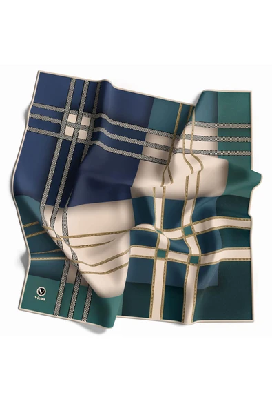 Twill Geometrik Desenli Petrol Yeşili - İndigo Renkli 90x90 Eşarp (İpek İçermez) Kenar Dikiş Şekli El Dikişli - Resim 2