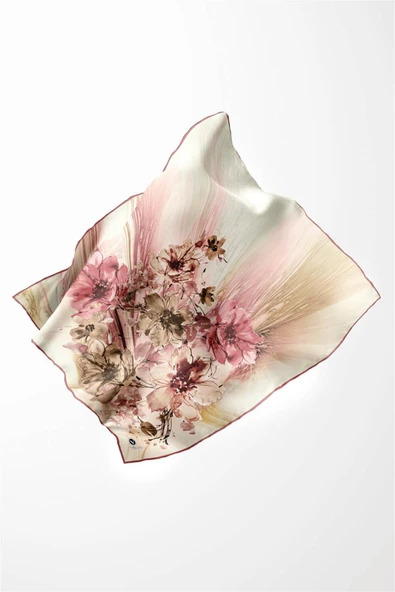 Twill Çiçek Desenli Pudra Renkli 90x90 Eşarp (İpek İçermez) Kenar Dikiş Şekli El Dikişli - Resim 3