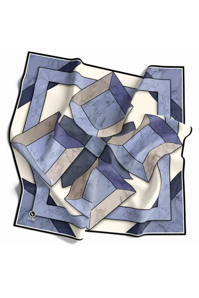 Twill Mermer Desenli İndigo - Lacivert Renkli 90x90 Eşarp (İpek İçermez) Kenar Dikiş Şekli El Dikişli - Resim 2