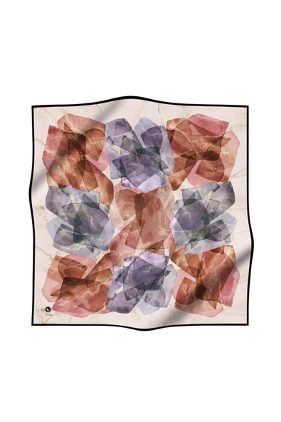 Twill Mermer Efektli Geometrik Desenli Pudra - Bebe Mavisi Renkli 90x90 Eşarp (İpek İçermez) Dikim Şekli : El Dikişi - Resim 2