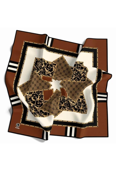 Kristal Ekoseli Gold Desenli Taba - Bej Renkli 90x90 Eşarp (İpek İçermez) Kenar Dikiş Şekli El Dikişli ürün görseli