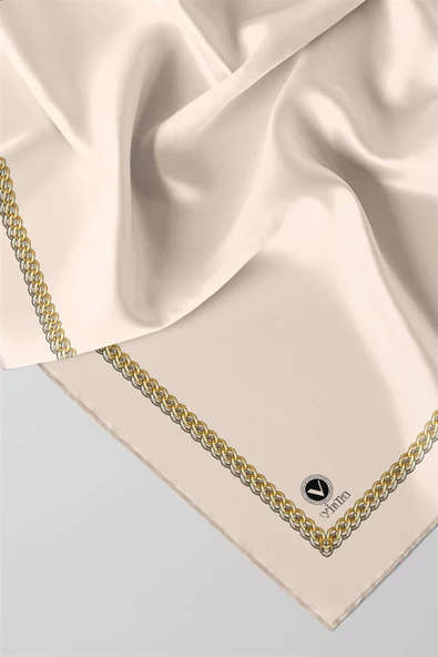 Twill Kenar Motifi Zincir Desenli Düz Krem Renkli 90x90 Dikim Şekli : El Dikişi Eşarp (İpek İçermez) - Resim 2