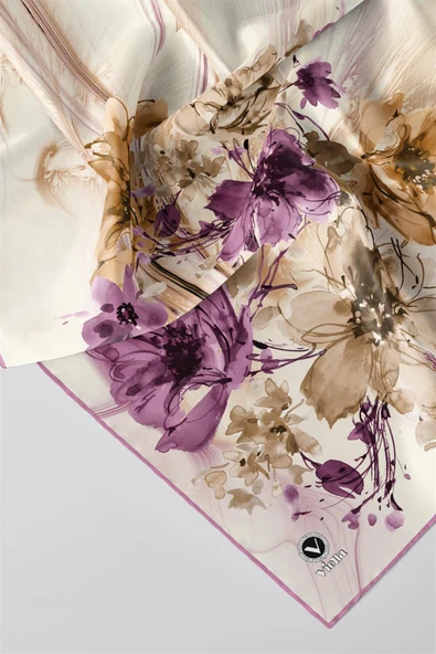 Twill Çiçek Desenli Lila Renkli 90x90 Eşarp (İpek İçermez) Kenar Dikiş Şekli El Dikişli - Resim 2