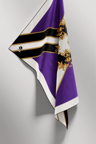 Twill Barok Desenli Mor - Siyah Renkli 90x90 Dikim Şekli : El Dikişi Eşarp (İpek İçermez) - Resim 3