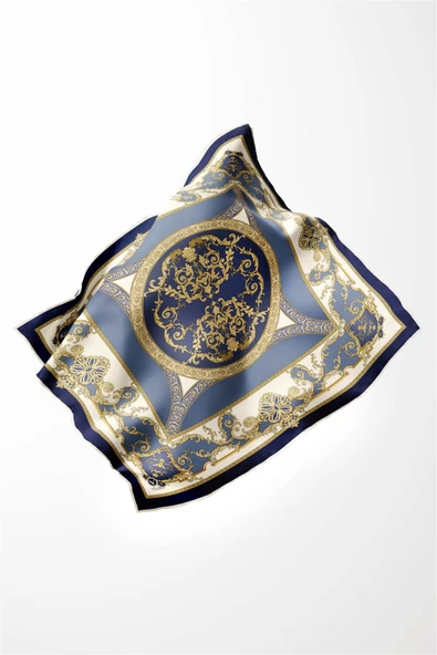 Twill Barok Desenli İndigo Renkli 90x90 Eşarp (İpek İçermez) Kenar Dikiş Şekli El Dikişli - Resim 2