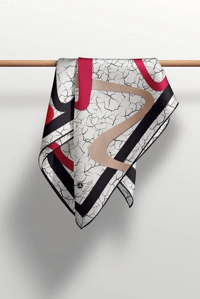 %100 Twill İpek Geometrik Ve Çatlak Desenli Bordo - Siyah Renkli 90x90 Eşarp Dikim Şekli : El Dikişi - Resim 5