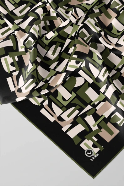 Twill Geometrik Desenli Haki Yeşili - Bej Renkli 90x90 Eşarp (İpek İçermez) Dikim Şekli : El Dikişi - Resim 2