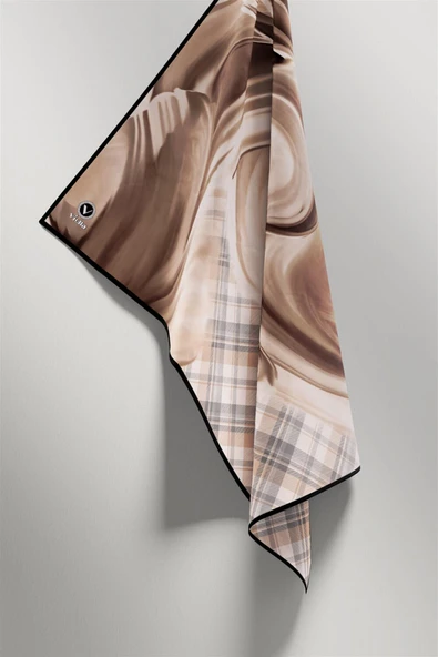 Twill Dalga ve Ekose Desenli Bej Renkli 90x90 Eşarp (İpek İçermez)Kenar Dikiş Şekli El Dikişli - Resim 4