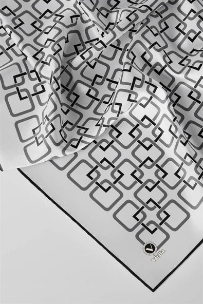 Twill Geometrik Desenli Gümüş Renkli 90x90 Eşarp (İpek İçermez) Kenar Dikiş Şekli El Dikişli - Resim 2