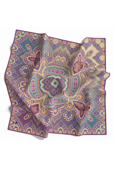 Kristal Şal Desenli Mor - Bej Renkli 90x90 Dikim Şekli : El Dikişi Eşarp (İpek İçermez) ürün görseli