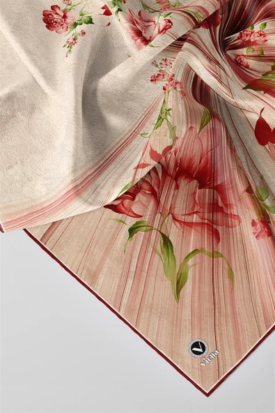 Twill Çiçekli Desenli Bordo Renkli 90x90 Eşarp (İpek İçermez) Kenar Dikiş Şekli El Dikişli - Resim 2