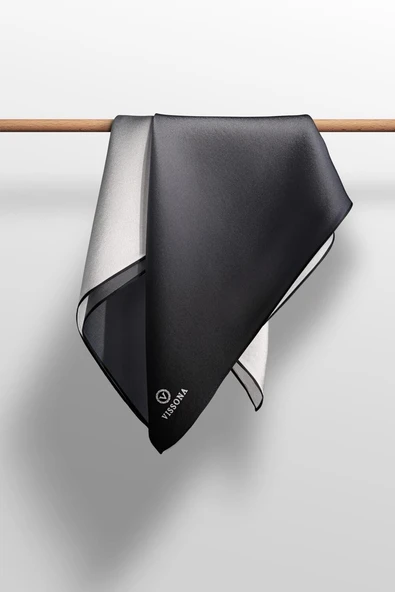 %100 Twill İpek Degrade Desenli Siyah - Gri Renkli 90x90 Eşarp Dikim Şekli : El Dikişi - Resim 5