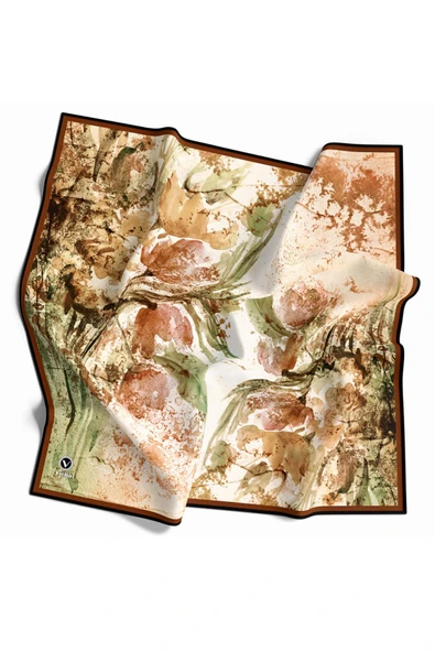 Rayon Sulu Boyalı Çiçek Desenli Taba Renkli 90x90 Eşarp (İpek İçermez) Kenar Dikiş Şekli El Dikişli ürün görseli