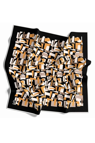 Twill Geometrik Desenli Hardal - Bej Renkli 90x90 Eşarp (İpek İçermez) Dikim Şekli : El Dikişi ürün görseli