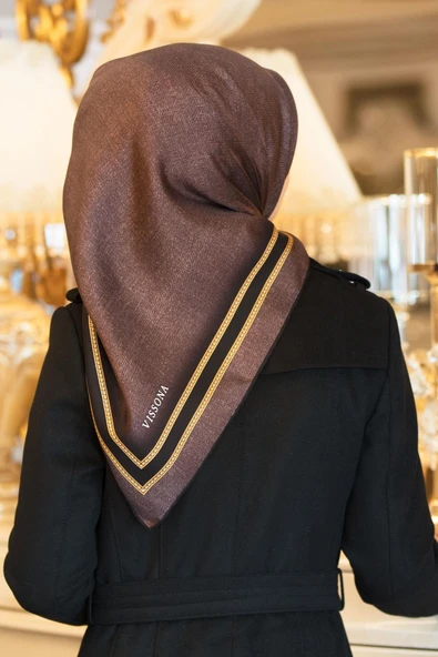 %100 Twill İpek Dokulu Şerit Desenli Kahverengi - Siyah Renkli 90x90 Eşarp Dikim Şekli : El Dikişi ürün görseli 1