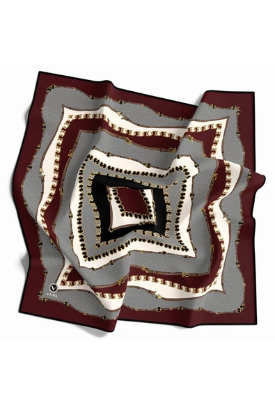 Twill Bordürlü ve Zincir Desenli Bordo Renkli 90x90 Eşarp (İpek İçermez) Kenar Dikiş Şekli El Dikişli ürün görseli 1