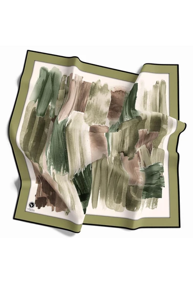 Twill Fırça Darbesi Desenli Haki Renkli 90x90 Eşarp (İpek İçermez) Kenar Dikiş Şekli El Dikişli ürün görseli 1