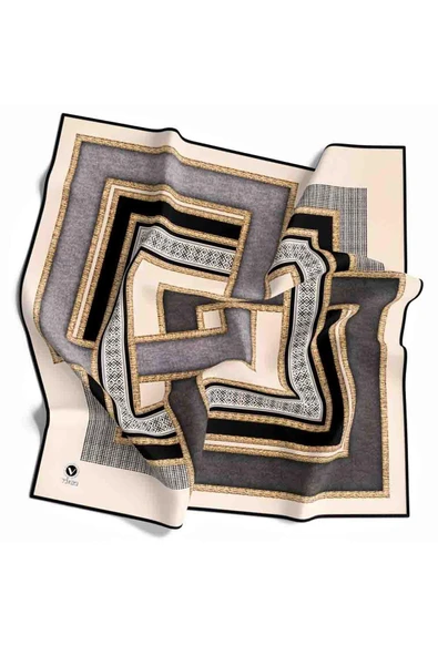 Twill Geometrik Desenli Gri Renkli 90x90 Eşarp (İpek İçermez) Dikim Şekli : El Dikişi - Resim 3