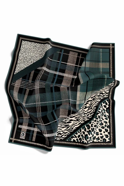 Kristal Ekose ve Leopar Desenli Petrol Mavisi Renkli 90x90 Eşarp (İpek İçermez) Kenar Dikiş Şekli El Dikişli ürün görseli