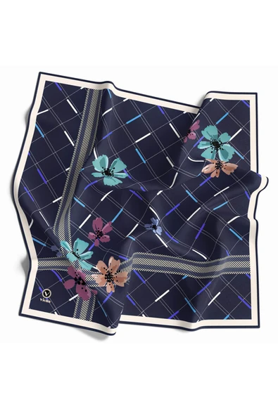 Twill Papatya Desenli İndigo Renkli 90x90 Eşarp (İpek İçermez) Kenar Dikiş Şekli El Dikişli - Resim 2