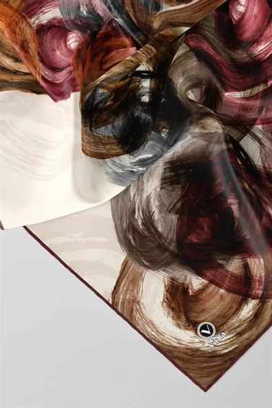 Twill Fırça Efektli Desenli Gül Kurusu Renkli 90x90 Eşarp (İpek İçermez) Kenar Dikiş Şekli El Dikişli - Resim 3