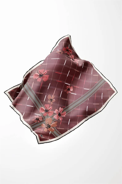 Twill Papatya Desenli Gül Kurusu Renkli 90x90 Eşarp (İpek İçermez) Kenar Dikiş Şekli El Dikişli - Resim 4