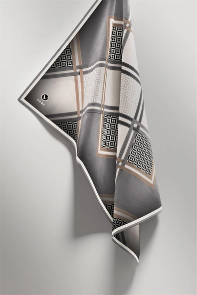 Twill Geometrik Desenli Gri Renkli 90x90 Eşarp (İpek İçermez) Kenar Dikiş Şekli El Dikişli - Resim 4