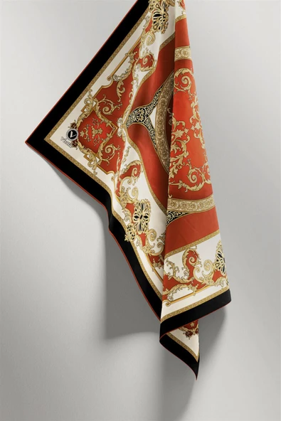 Twill Barok Desenli Taba Renkli 90x90 Eşarp (İpek İçermez) Kenar Dikiş Şekli El Dikişli - Resim 3