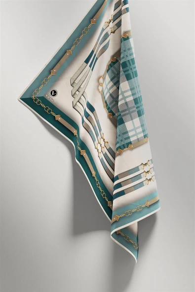 Twill Ekoseli Ve Zincir Desenli Mint Yeşili Renkli 90x90 Eşarp (İpek İçermez) Dikim Şekli : El Dikişi - Resim 5