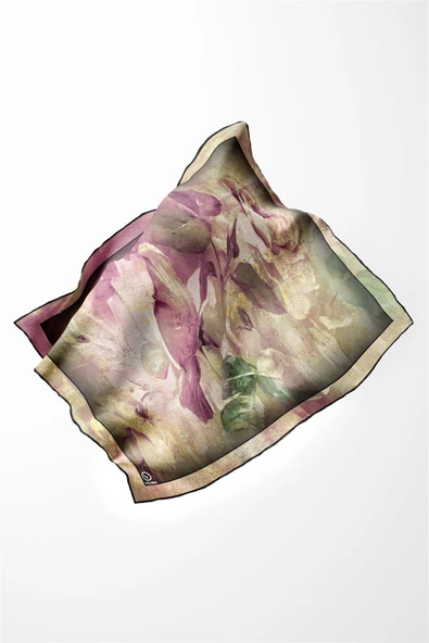 Twill Sulu Boyalı Çiçek Desenli Pembe Renkli 90x90 Eşarp (İpek İçermez) Kenar Dikiş Şekli El Dikişli - Resim 3