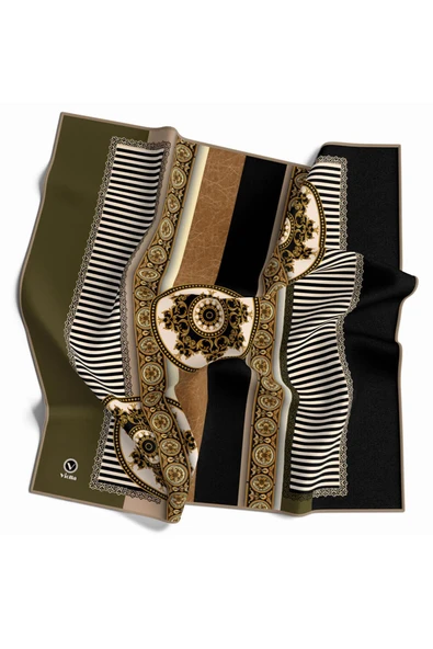 Twill Çizgili ve Barok Desenli Haki Renkli 90x90 Eşarp (İpek İçermez) Kenar Dikiş Şekli El Dikişli ürün görseli