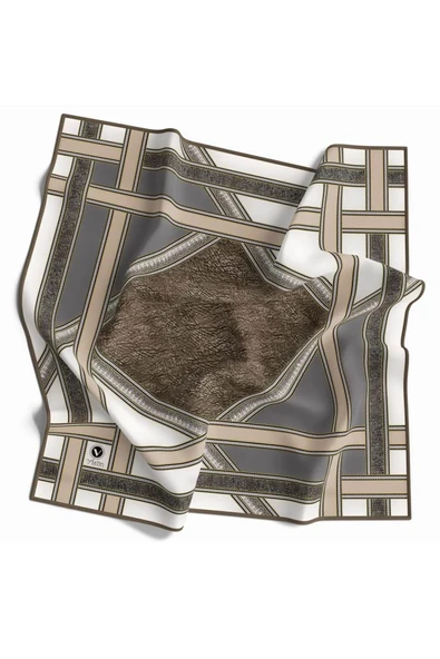 Twill Bordür Taş Desenli Bej Renkli 90x90 Eşarp (İpek İçermez) Kenar Dikiş Şekli El Dikişli - Resim 2