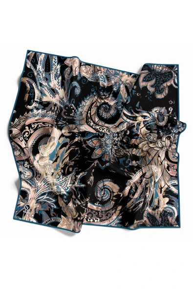 Twill Şal Desenli Petrol Yeşili Renkli 90x90 Eşarp (İpek İçermez) Kenar Dikiş Şekli El Dikişli ürün görseli