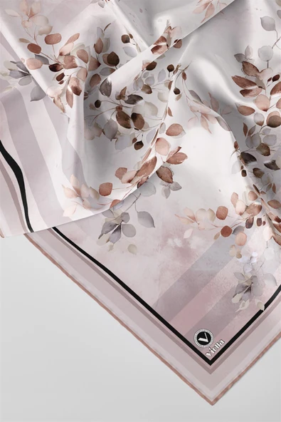 Twill Çiçek Desenli Bej Renkli 90x90 Eşarp (İpek İçermez) Kenar Dikiş Şekli El Dikişli - Resim 2