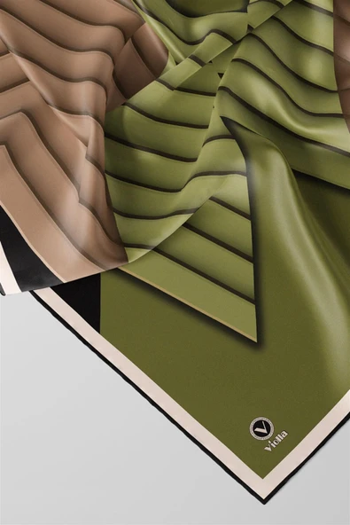 Rayon Zikzak Çizgi Desenli Haki Renkli 90x90 Eşarp (İpek İçermez) Dikim Şekli : El Dikişi - Resim 3