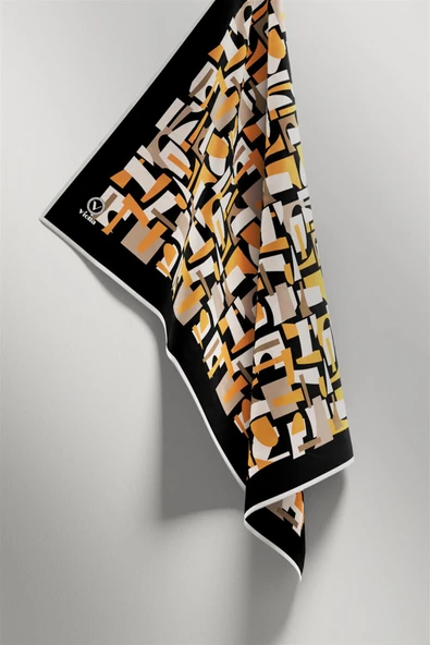 Twill Geometrik Desenli Hardal - Bej Renkli 90x90 Eşarp (İpek İçermez) Dikim Şekli : El Dikişi - Resim 4