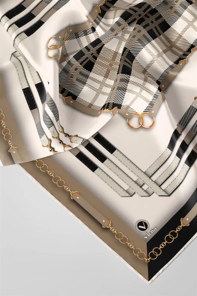 Twill Ekoseli Ve Zincir Desenli Bej Renkli 90x90 Eşarp (İpek İçermez) Dikim Şekli : El Dikişi - Resim 3