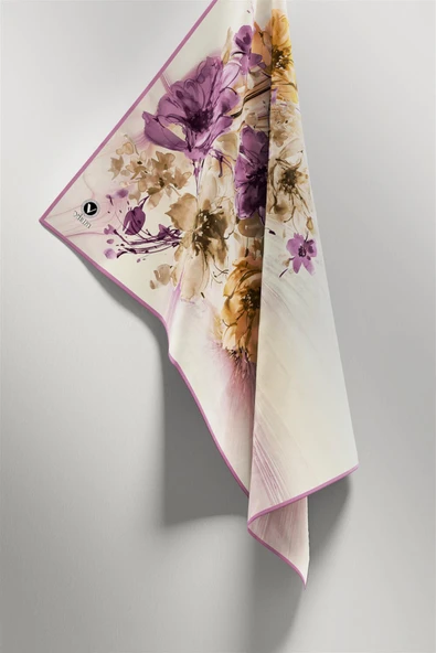 Twill Çiçek Desenli Lila Renkli 90x90 Eşarp (İpek İçermez) Kenar Dikiş Şekli El Dikişli - Resim 4