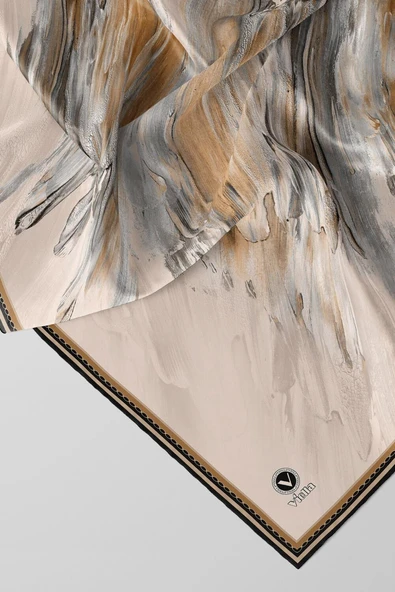 Twill Fırça Darbesi Desenli Bej Renkli 90x90 Eşarp (İpek İçermez) Dikim Şekli : El Dikişi - Resim 2