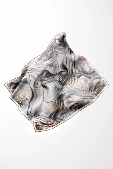 Twill Geometrik Ve Dalga Desenli Bej Renkli 90x90 Eşarp (İpek İçermez) Dikim Şekli : El Dikişi - Resim 4