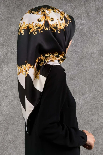 Twill Çizgili Barok Desenli Siyah - Krem Renkli 90x90 Eşarp (İpek İçermez) ürün görseli